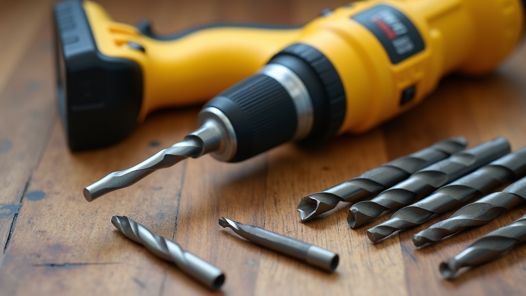 A close-up of a cordless drill/driver with a battery pack and various drill bits on a wooden surface