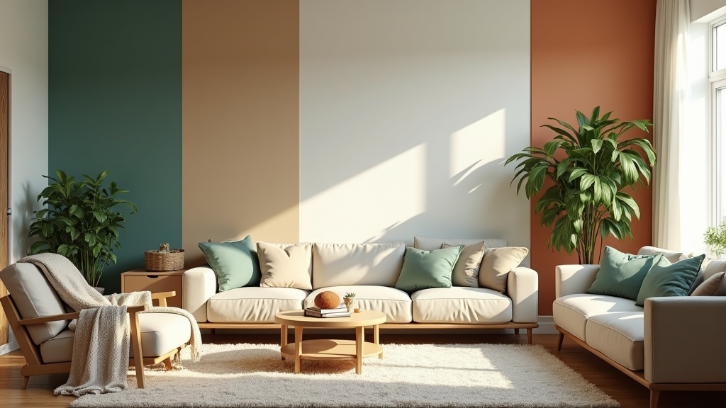 A sunlit living room with diverse wall colors, showing different paint trends and ideas