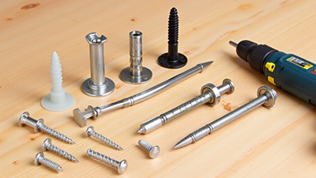 A variety of wall anchors laid out on a wooden surface with screws and a drill nearby
