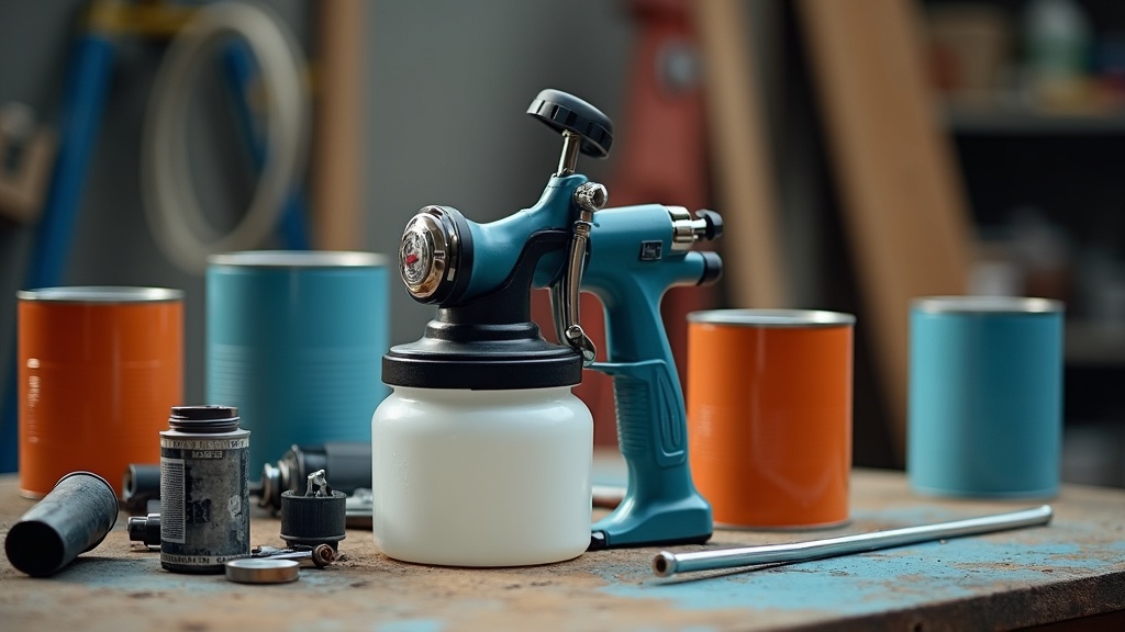 Airless paint sprayer and accessories on a workbench