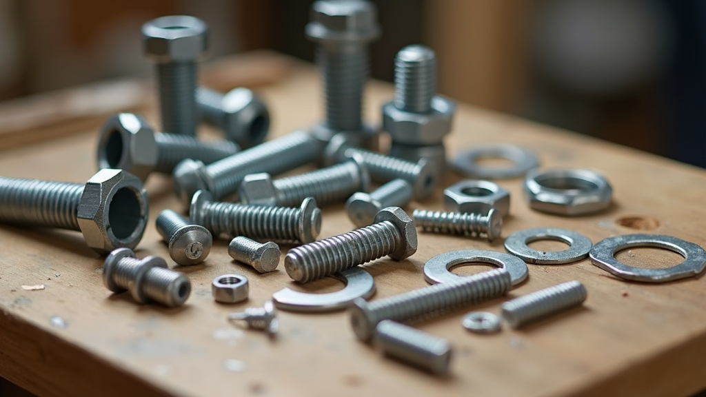 assorted fasteners including bolts, screws, washers, and nuts on a wooden table