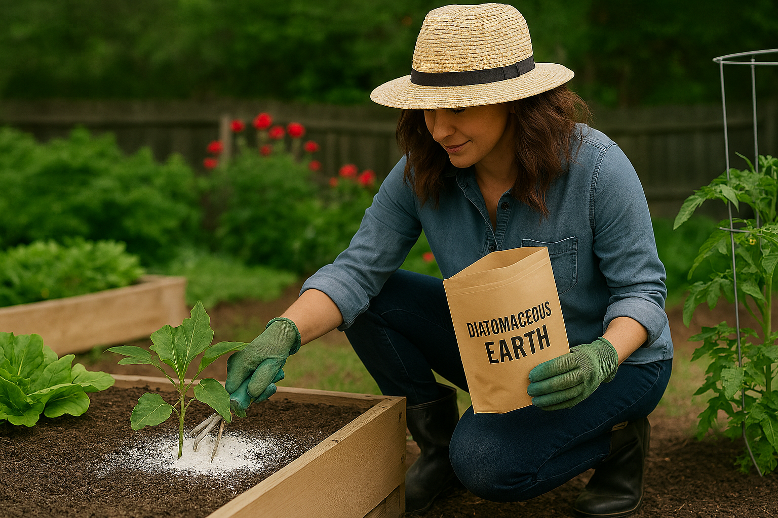 Woman in a straw hat applying diatomaceous earth to a raised garden bed, surrounded by lush plants and flowers.