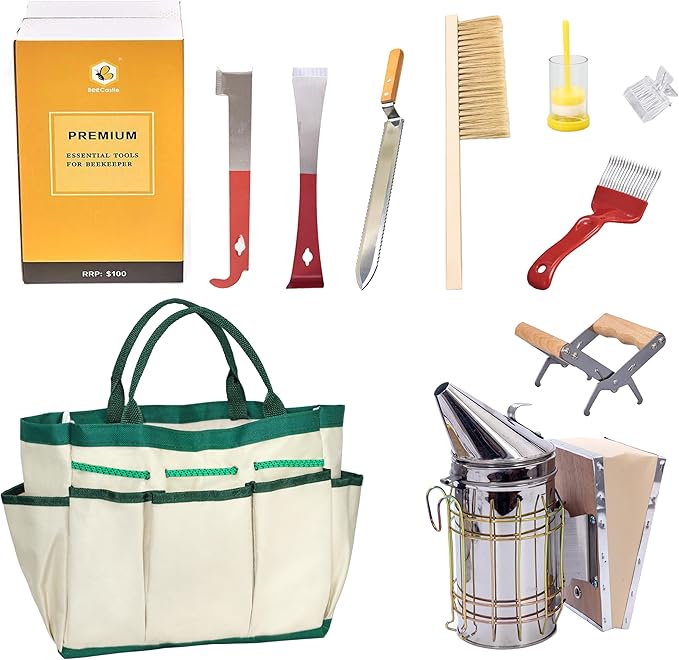 BeeCastle 9 Pcs Beekeeping Tools Kit with Organizer Tote for Beekeepers