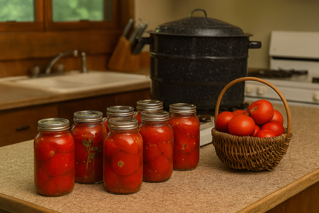 A rustic farmhouse kitchen counter with jars of freshly canned tomatoes, a water bath canner on the stove, and a basket of ripe garden tomatoes beside it.