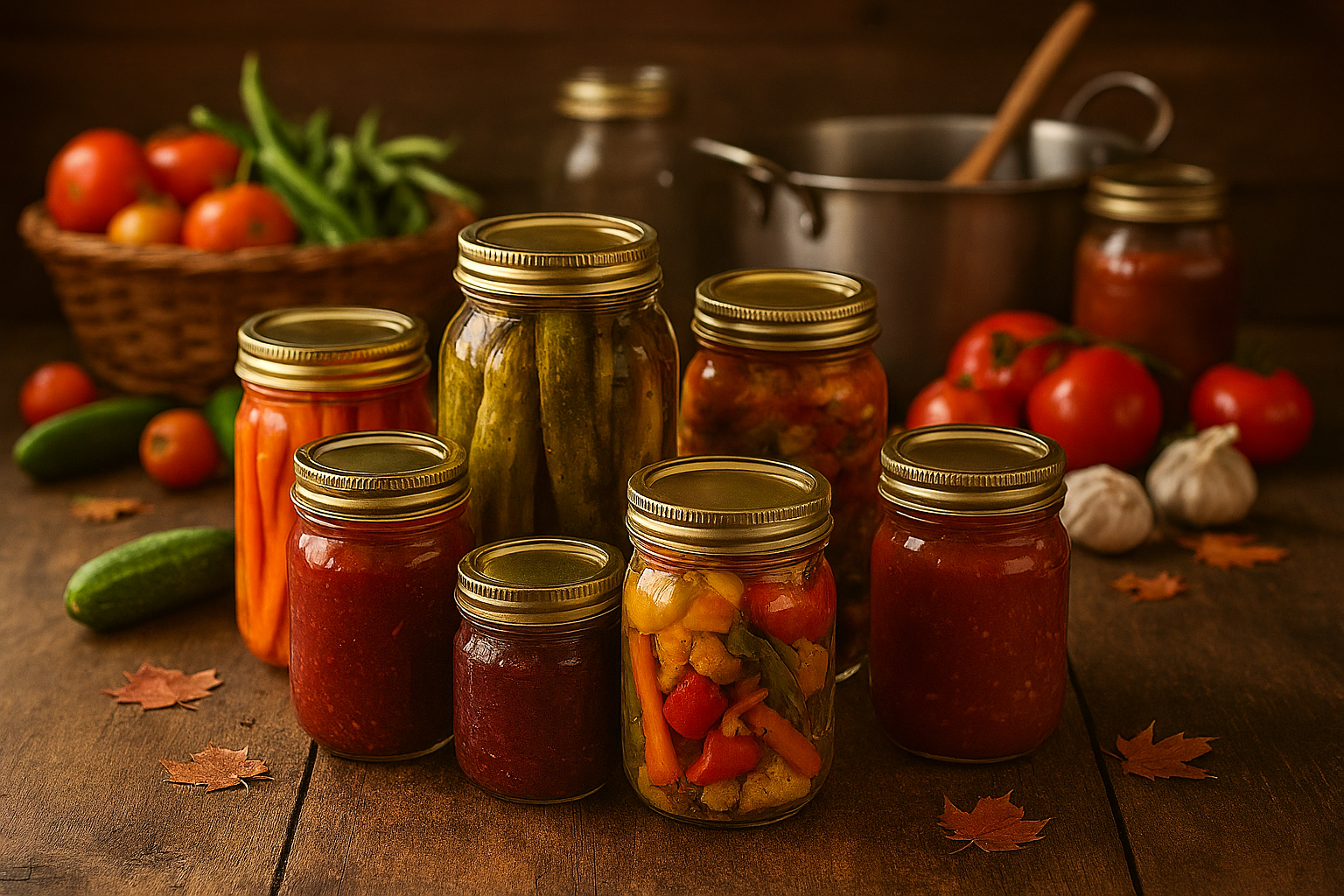 Glass jars filled with home-canned vegetables and jams arranged on a rustic wooden table with fresh produce and canning equipment in the background.