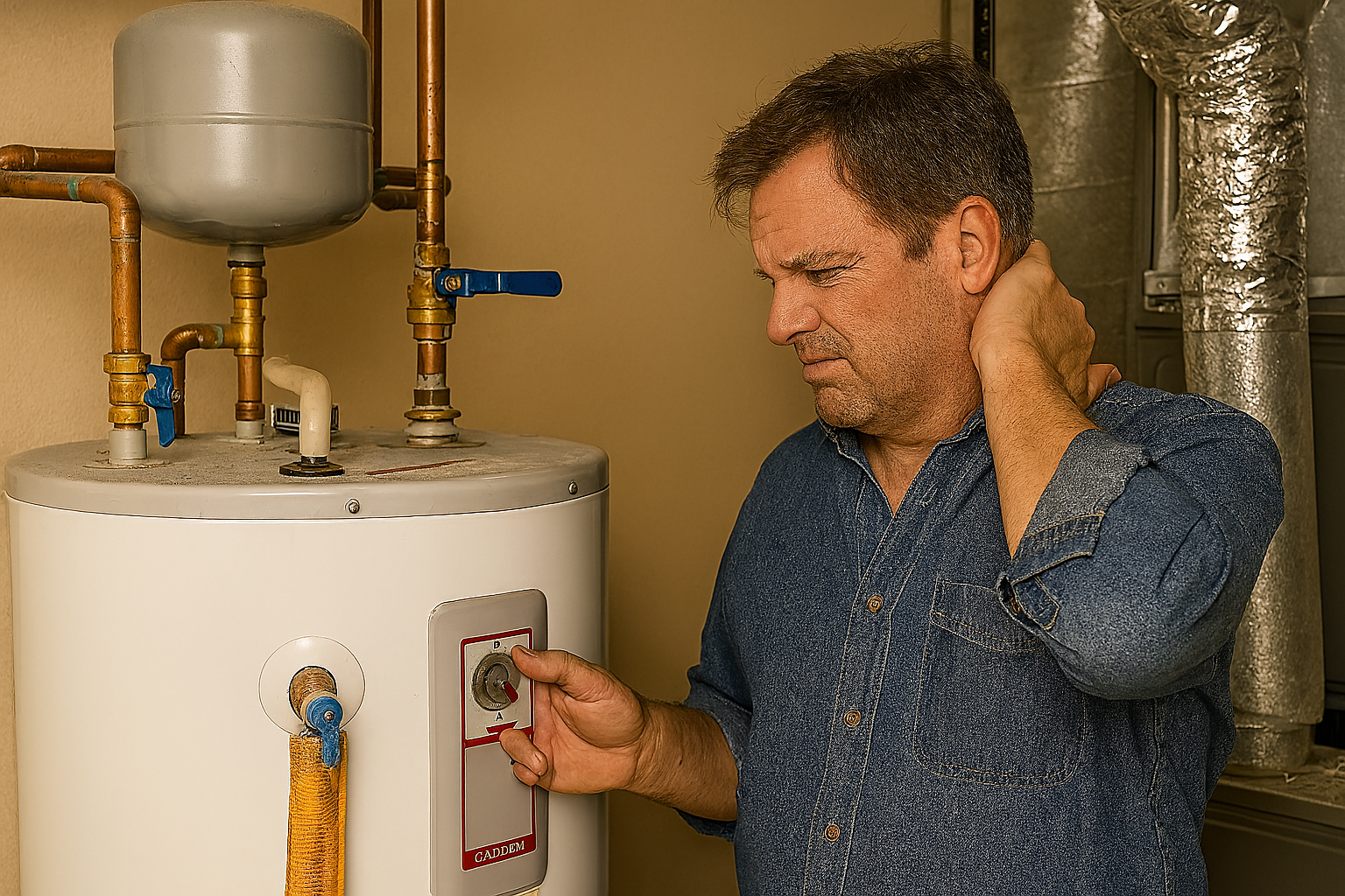 A frustrated homeowner adjusting the water heater thermostat in a utility room, hoping to fix sudden cold showers.