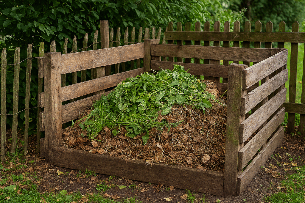 Backyard compost bin with garden waste layered for composting.