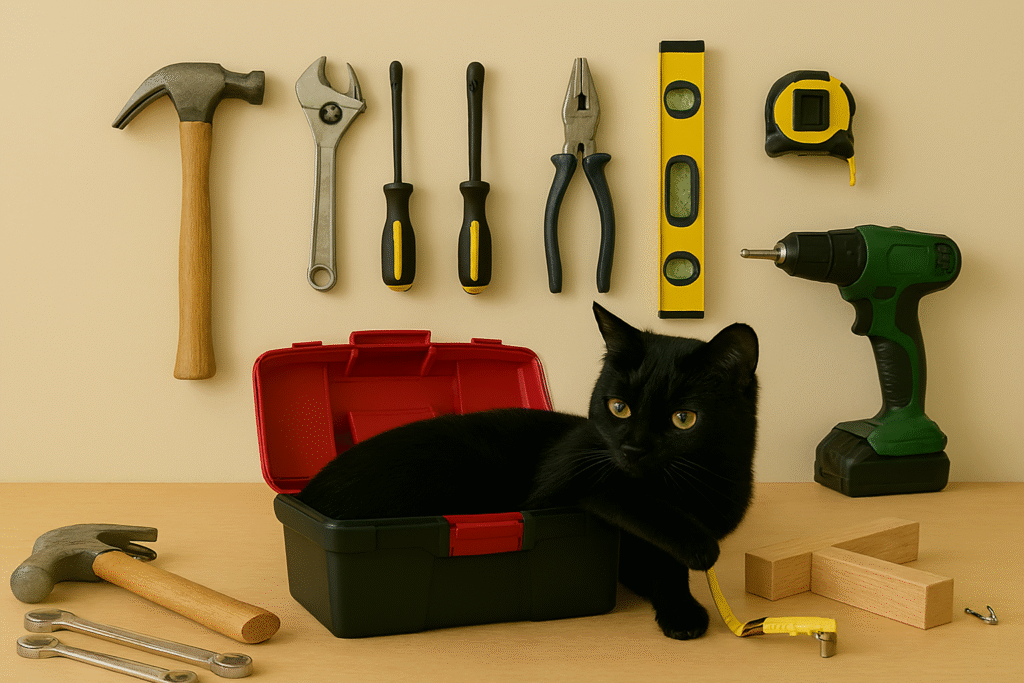 Black cat named Midnight sitting inside a toolbox surrounded by essential homeowner tools like a hammer, wrench, and drill