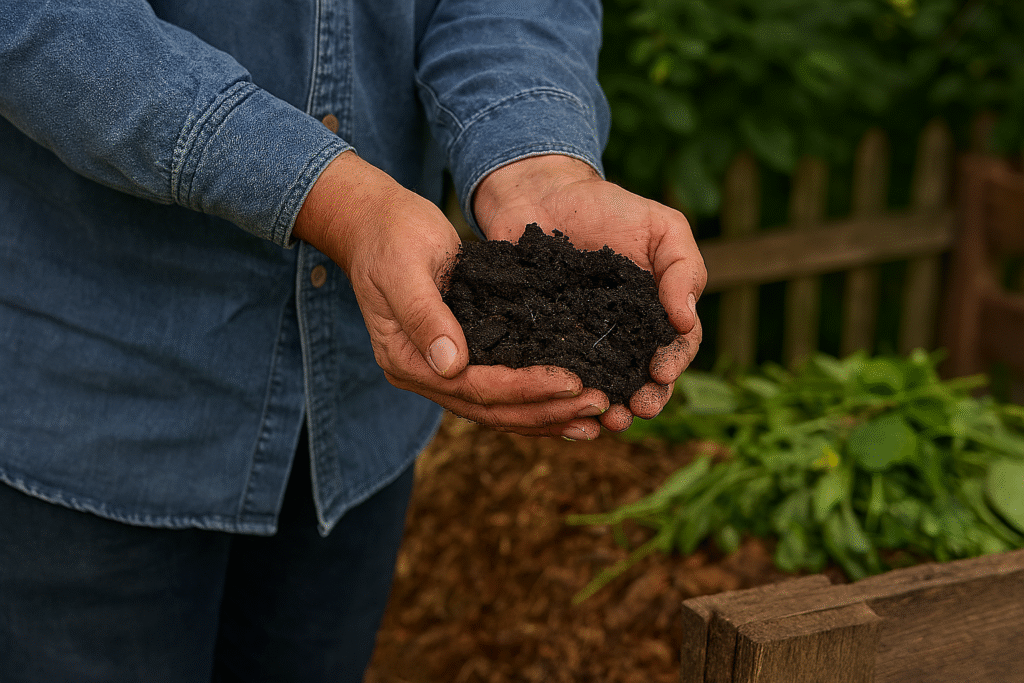 Gardener holding rich, dark compost ready for garden use.