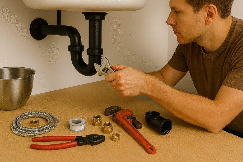 Homeowner fixing a kitchen sink pipe with wrench and tools.