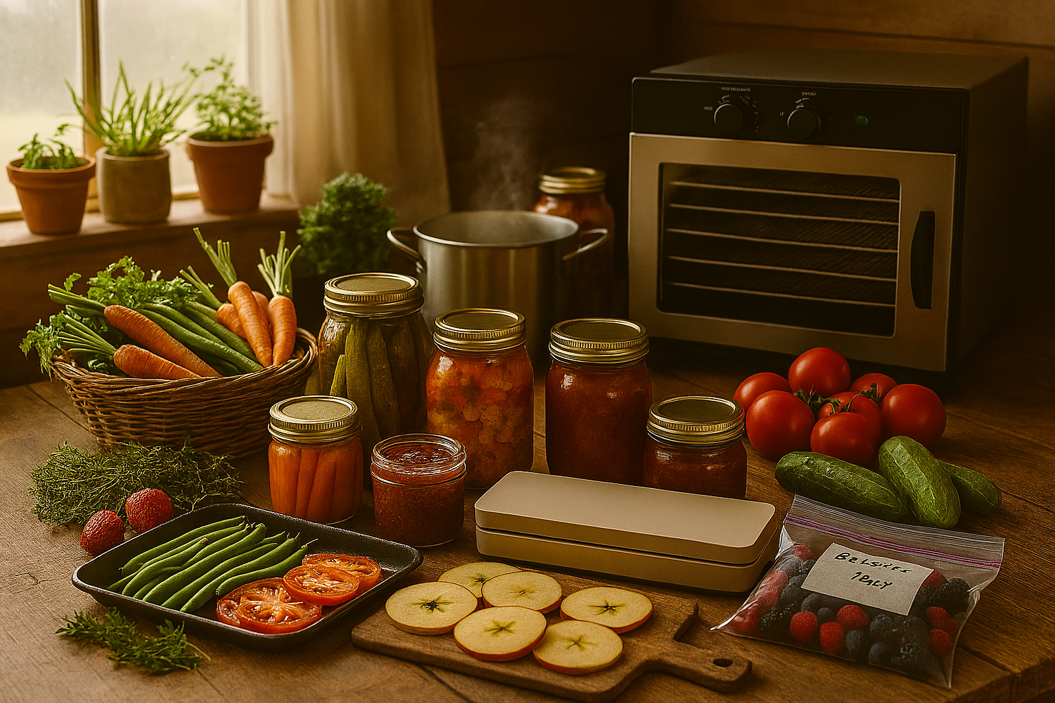 Fresh garden vegetables with mason jars, vacuum sealer, and dehydrator on a rustic homestead kitchen table for preserving the harvest.