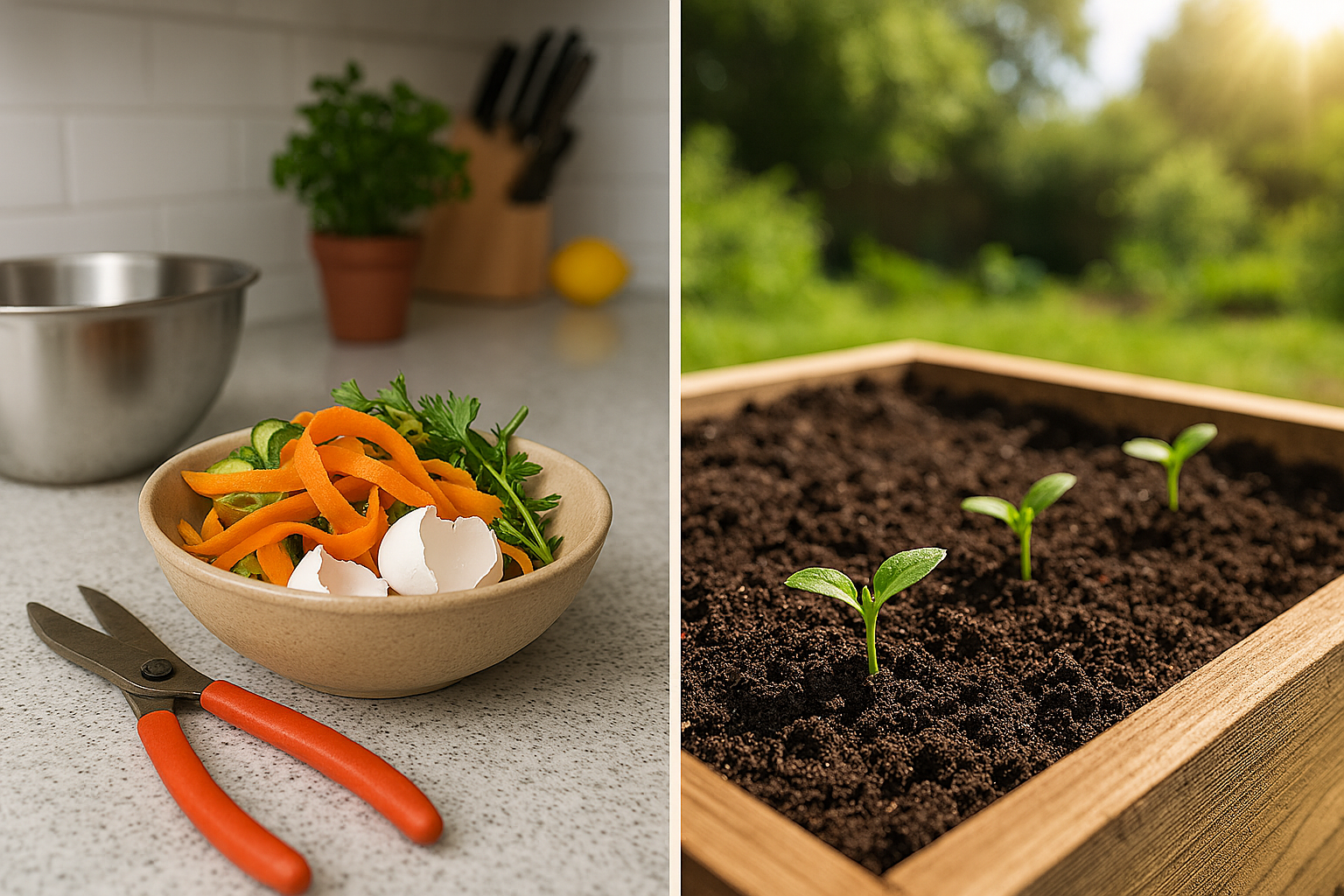 Kitchen scraps like vegetable peels and eggshells turning into compost for a thriving garden.