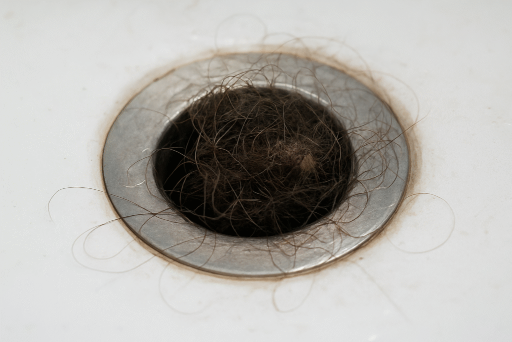 Hair and debris causing a clog in a bathroom drain.